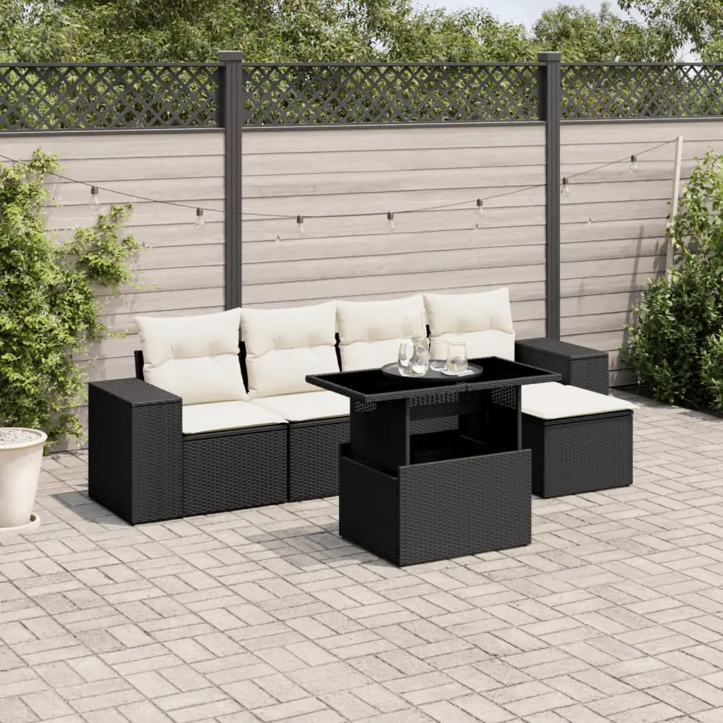 Set Divano da Giardino 6 pz con Cuscini Nero in Polyrattan