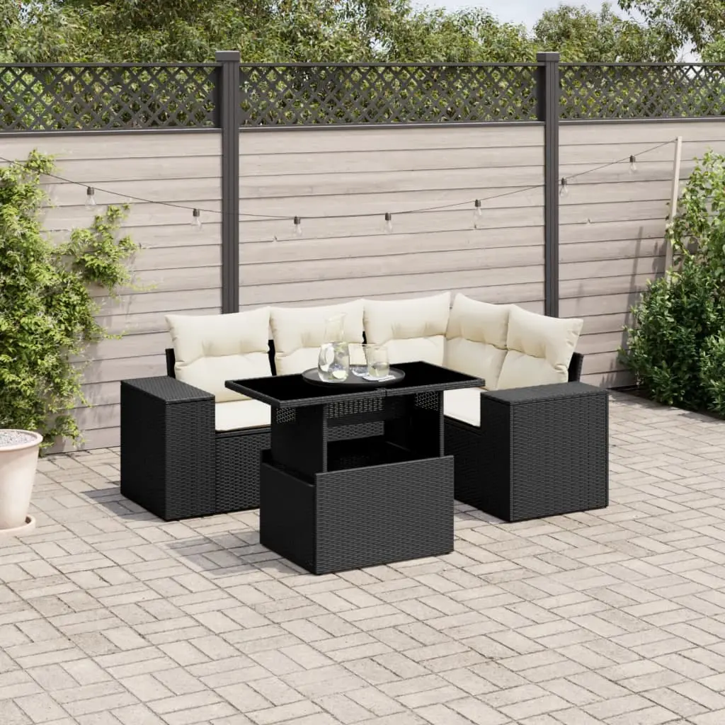 Set Divani da Giardino 5 pz con Cuscini in Polyrattan Nero