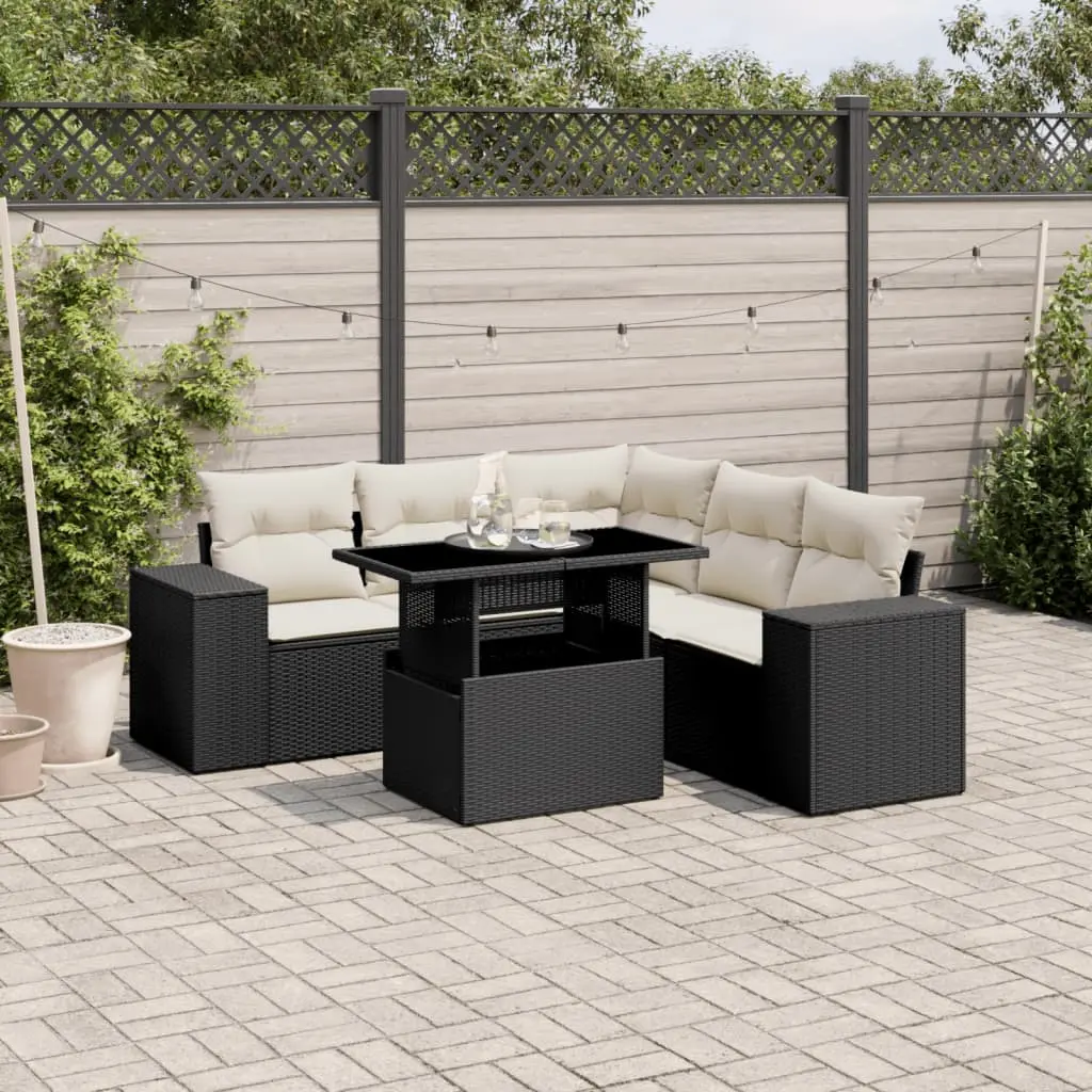 Set Divano da Giardino 6 pz con Cuscini Nero in Polyrattan