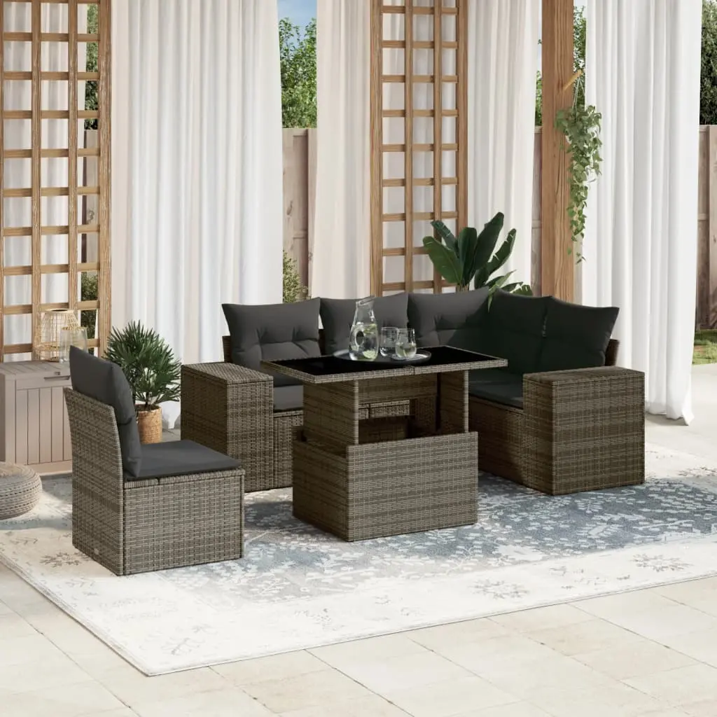 Set Divano da Giardino 6 pz con Cuscini Grigio in Polyrattan