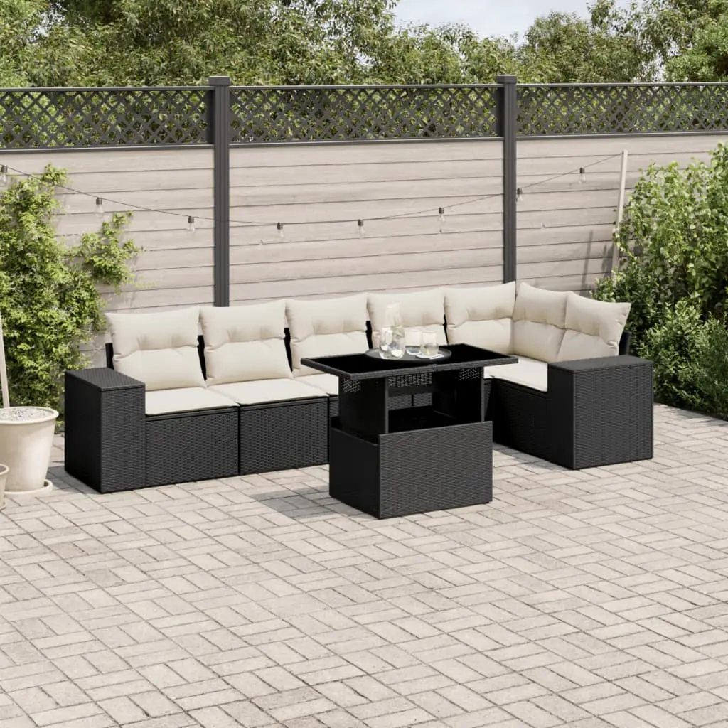 Set Divani da Giardino con Cuscini 7pz Nero Polyrattan