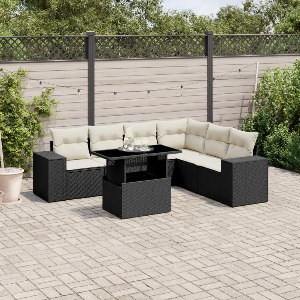 Set Divani da Giardino con Cuscini 7pz Nero Polyrattan