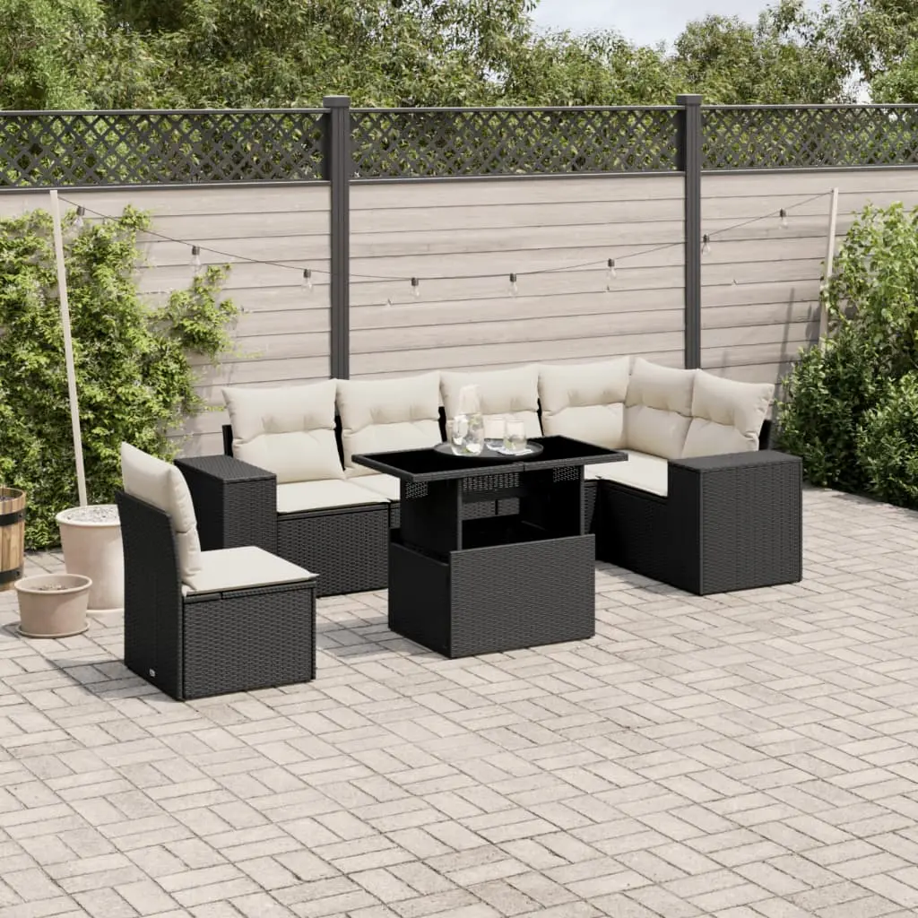 Set Divani da Giardino con Cuscini 7pz Nero Polyrattan