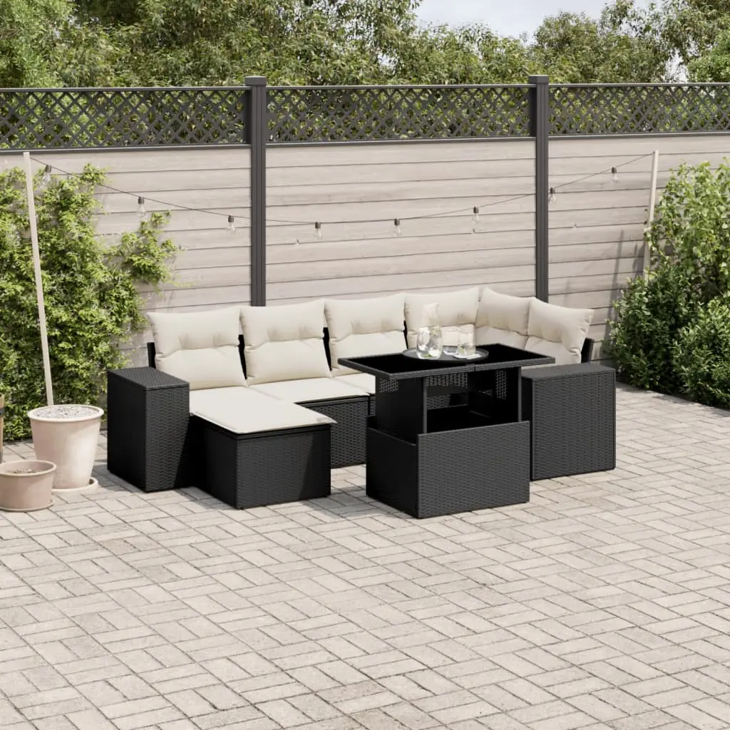 Set Divani da Giardino con Cuscini 7pz Nero Polyrattan