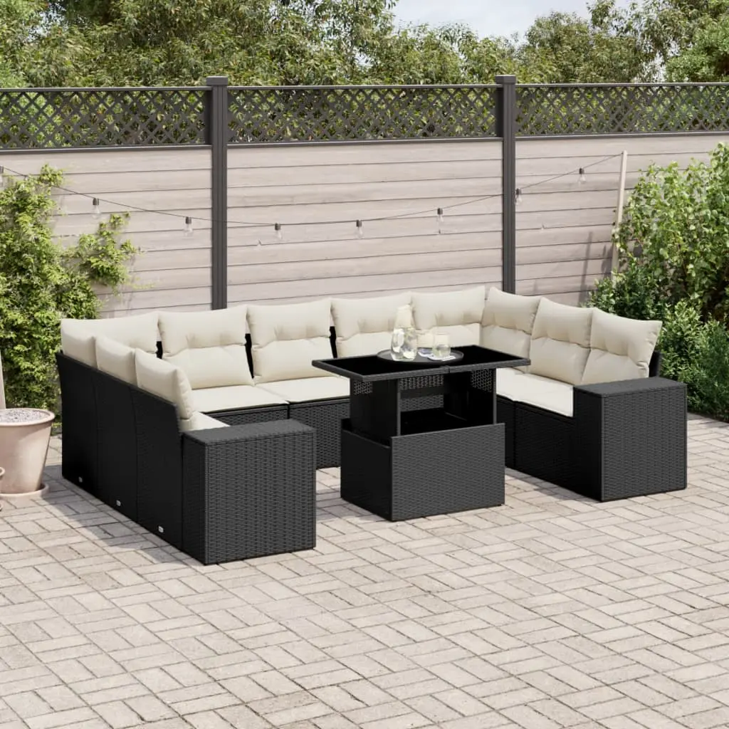 Set Divani da Giardino 10pz con Cuscini in Polyrattan Nero