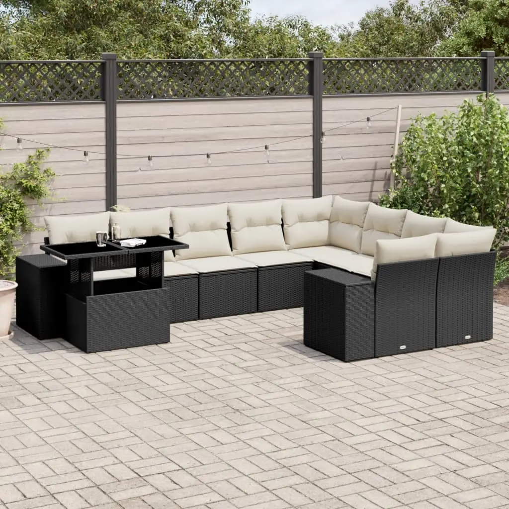 Set Divani da Giardino 10pz con Cuscini in Polyrattan Nero