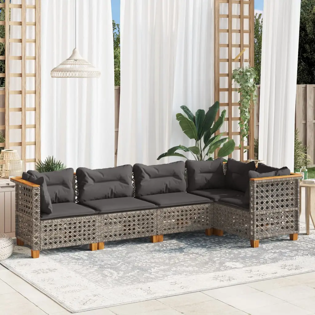 Set Divano da Giardino 5 pz con Cuscini Grigio in Polyrattan