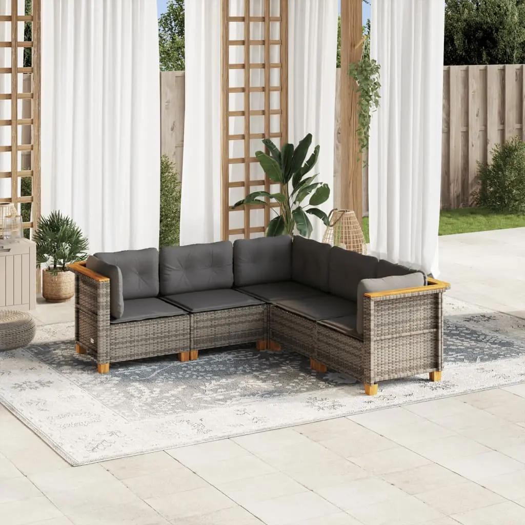 Set Divano da Giardino 5 pz con Cuscini Grigio in Polyrattan