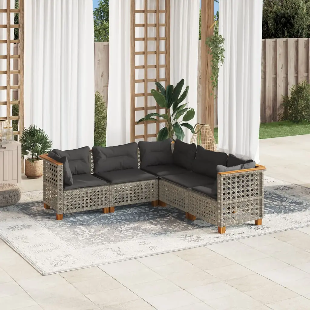 Set Divano da Giardino 5 pz con Cuscini Grigio in Polyrattan