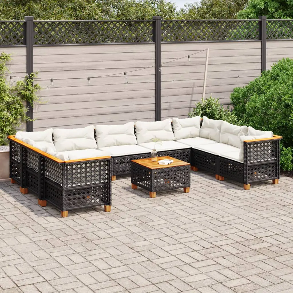 Set Divani da Giardino 10pz con Cuscini in Polyrattan Nero