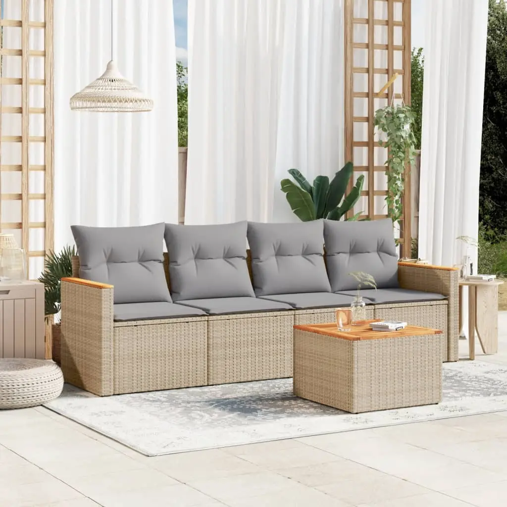 Set Divano da Giardino 5 pz con Cuscini Beige in Polyrattan