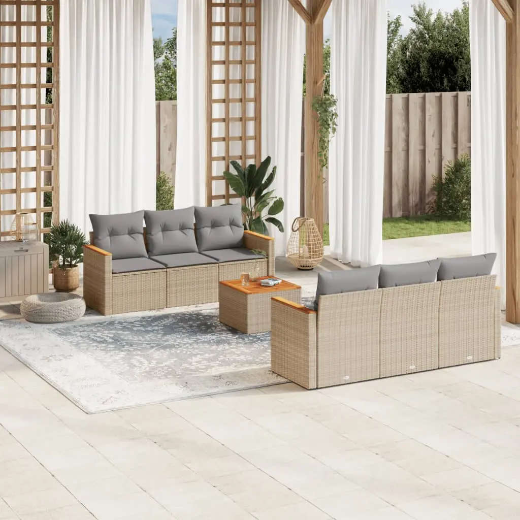 Set Divani da Giardino 7 pz con Cuscini Beige in Polyrattan