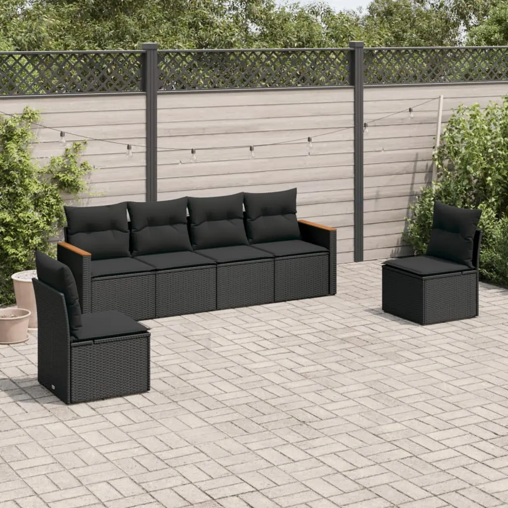 Set Divano da Giardino 6 pz con Cuscini Nero in Polyrattan