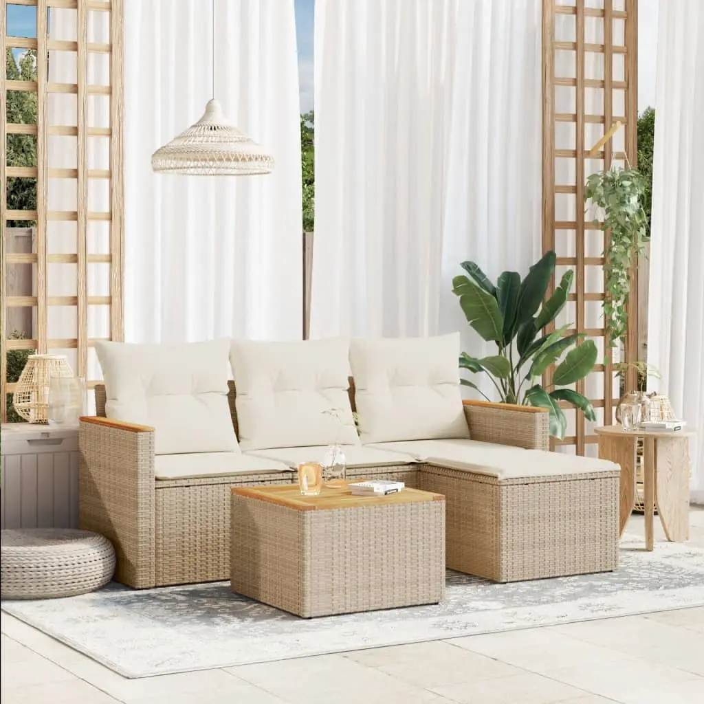 Set Divano da Giardino 5 pz con Cuscini Beige in Polyrattan