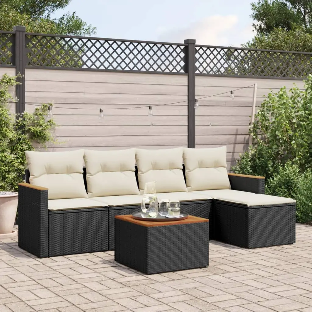 Set Divano da Giardino 6 pz con Cuscini Nero in Polyrattan