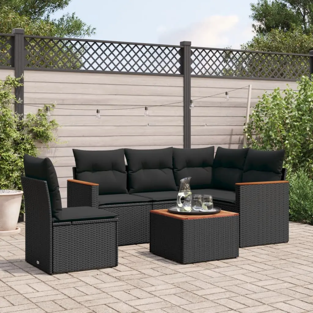 Set Divano da Giardino 6 pz con Cuscini Nero in Polyrattan