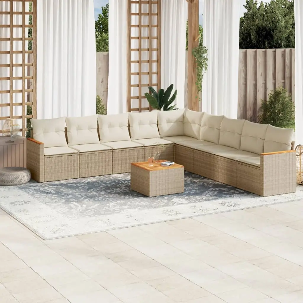 Set Divano da Giardino 10 pz con Cuscini Beige in Polyrattan