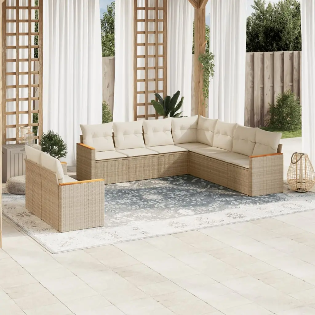 Set Divano da Giardino 9 pz con Cuscini Beige in Polyrattan