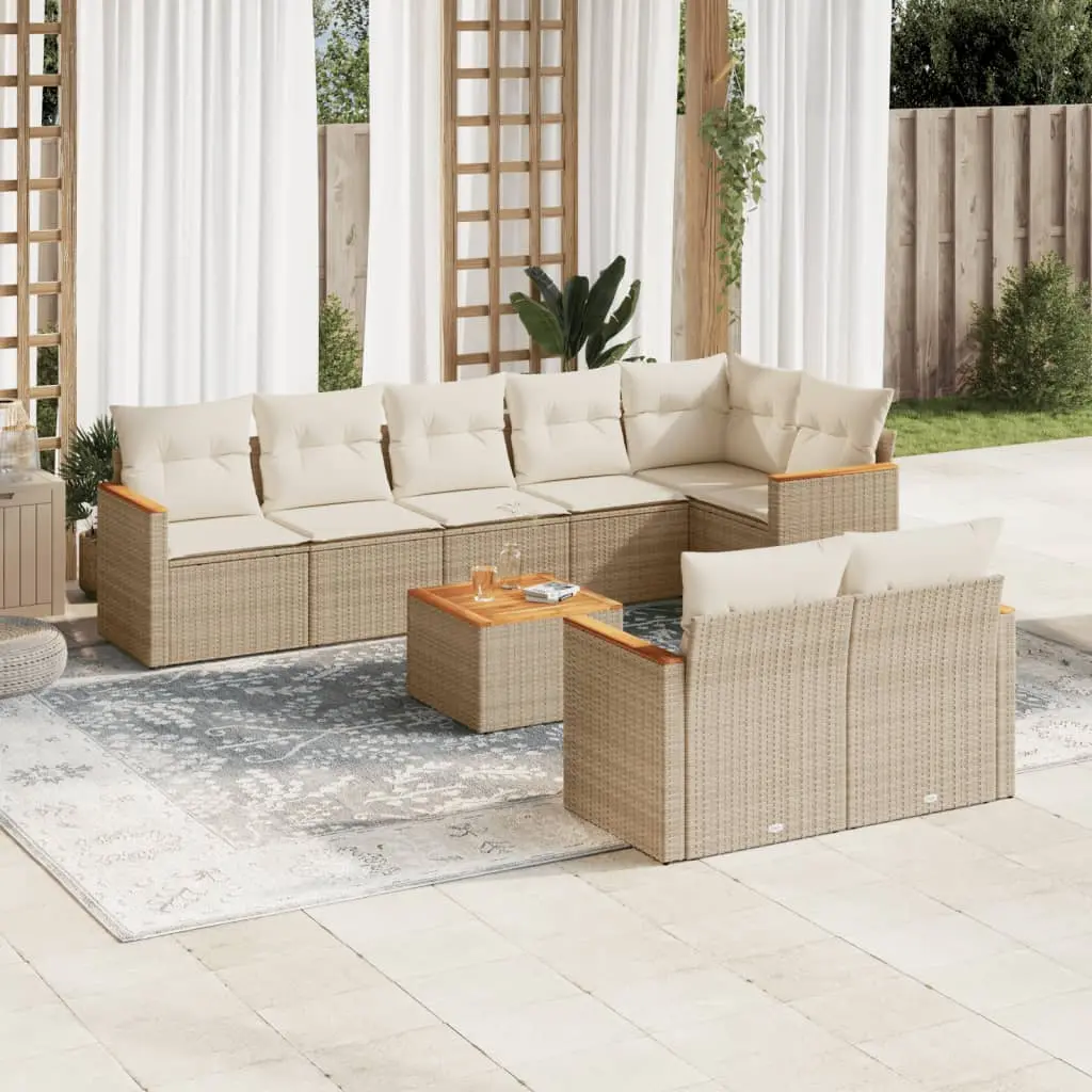 Set Divano da Giardino 9 pz con Cuscini Beige in Polyrattan