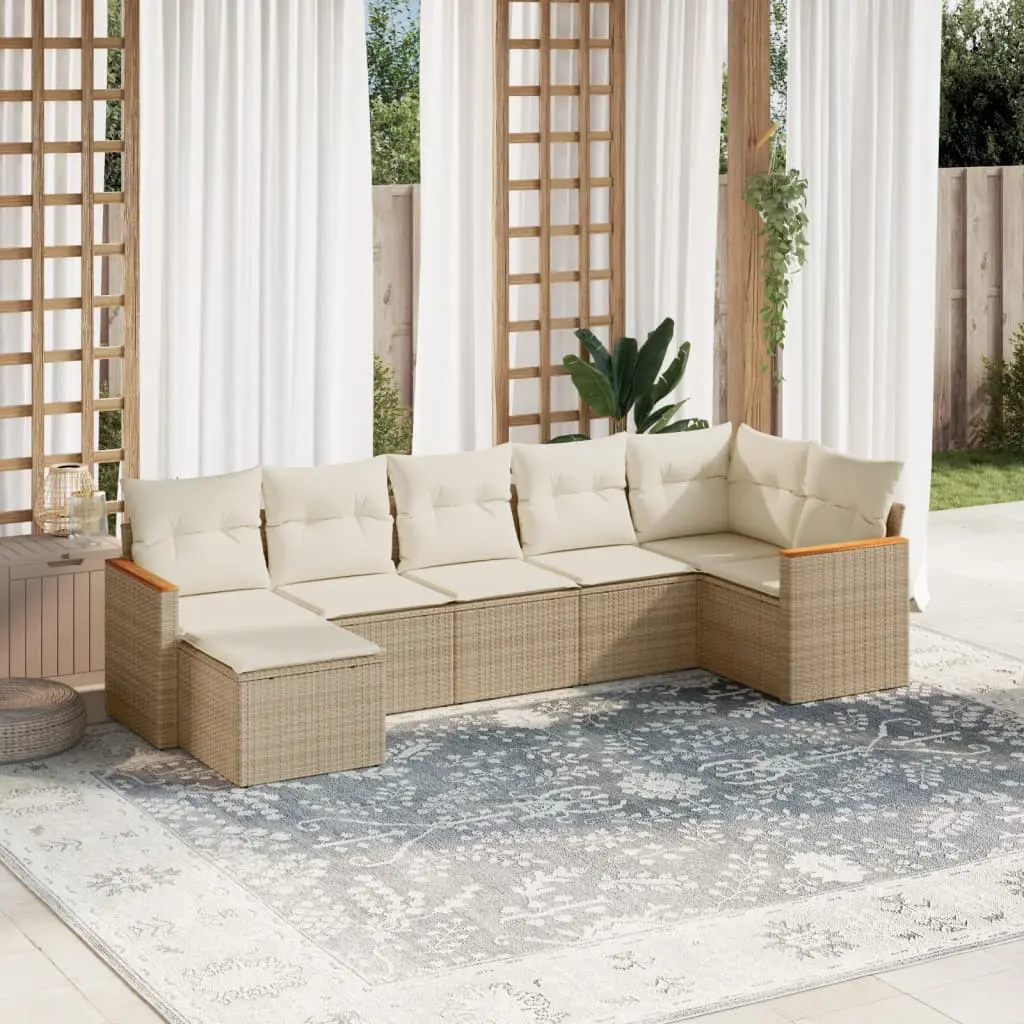 Set Divani da Giardino 7 pz con Cuscini Beige in Polyrattan