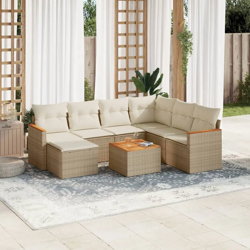 Set Divano da Giardino 8 pz con Cuscini Beige in Polyrattan