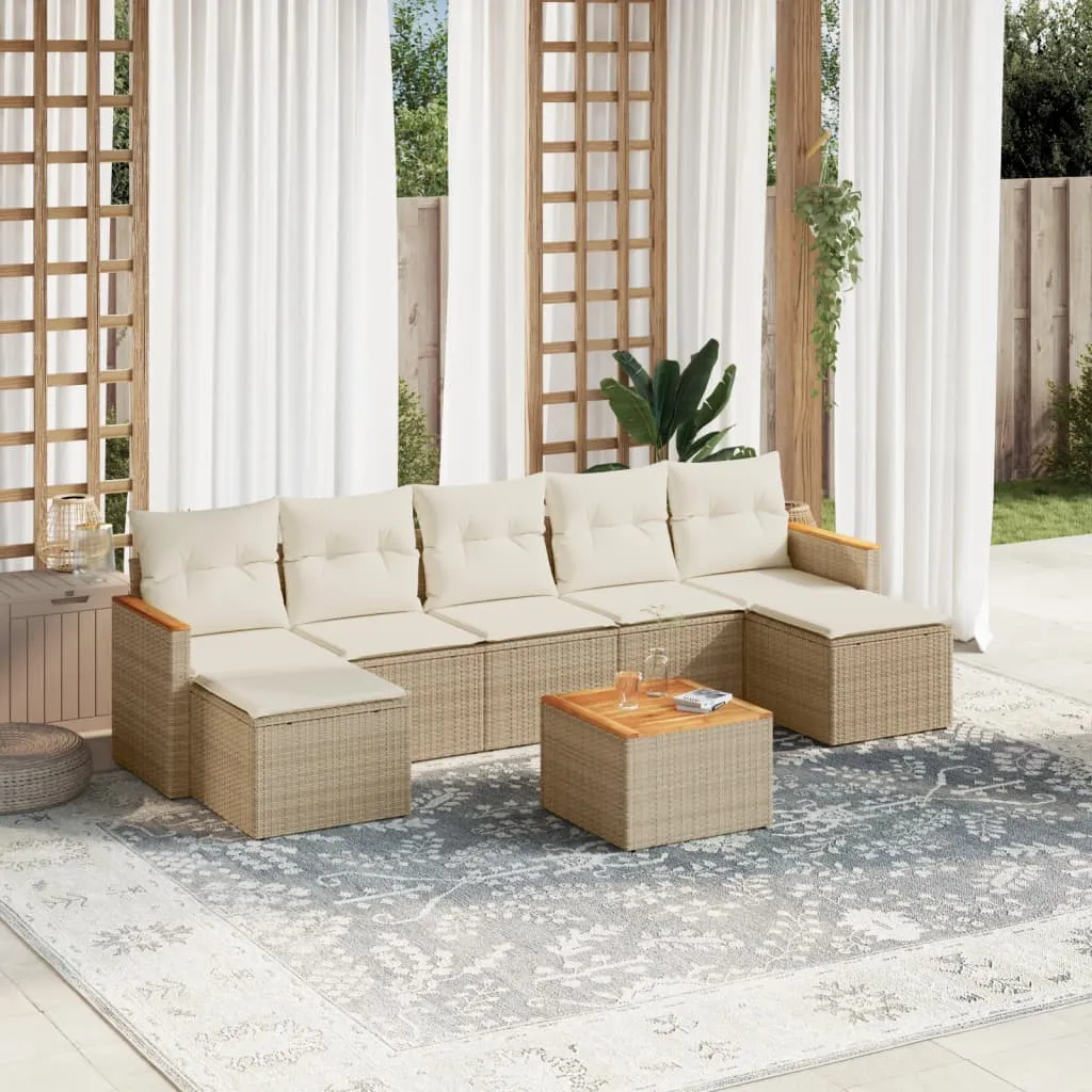 Set Divano da Giardino 8 pz con Cuscini Beige in Polyrattan