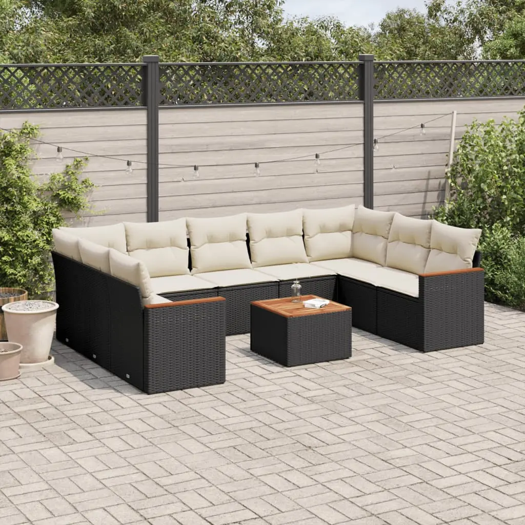 Set Divani da Giardino 10pz con Cuscini in Polyrattan Nero