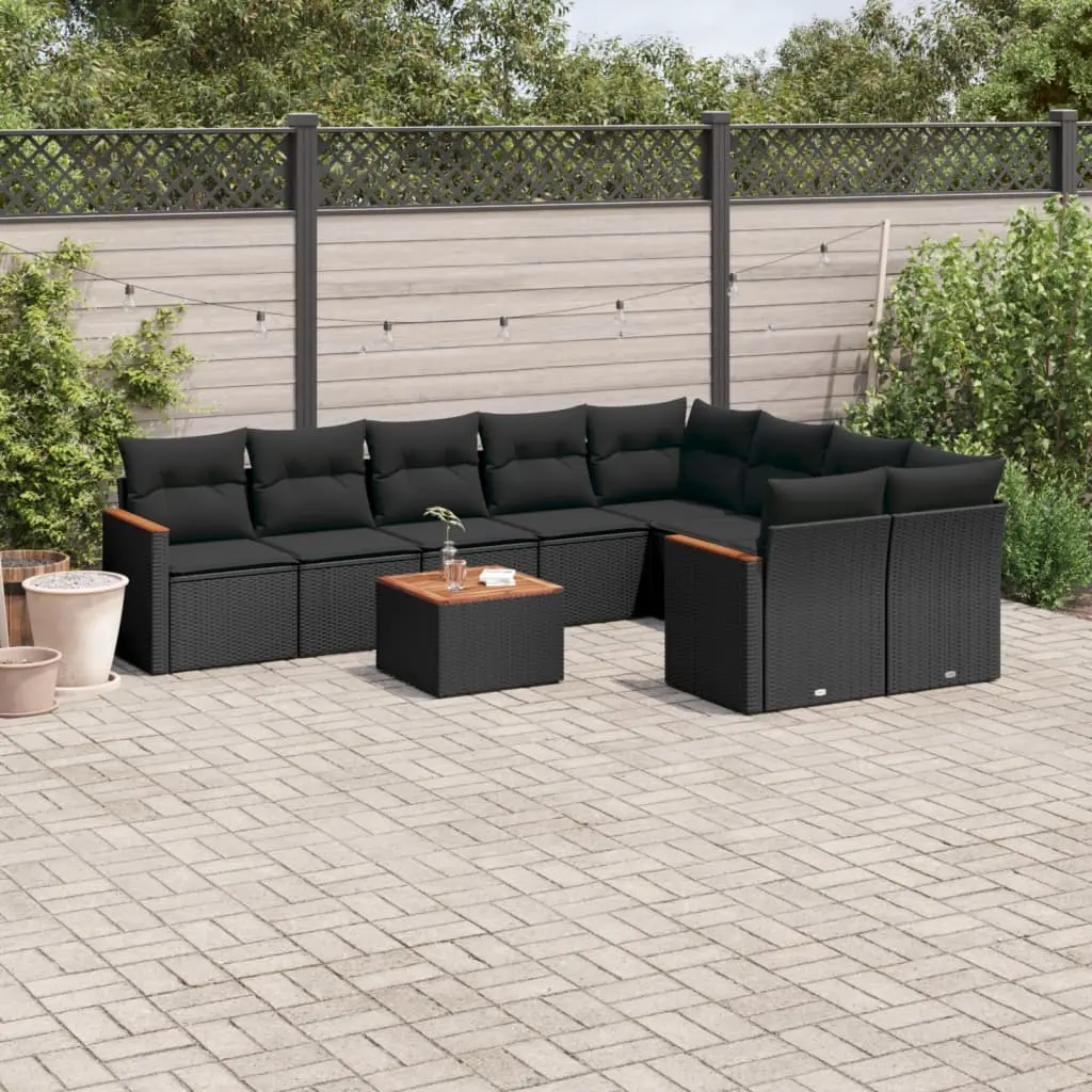 Set Divani da Giardino 10pz con Cuscini in Polyrattan Nero