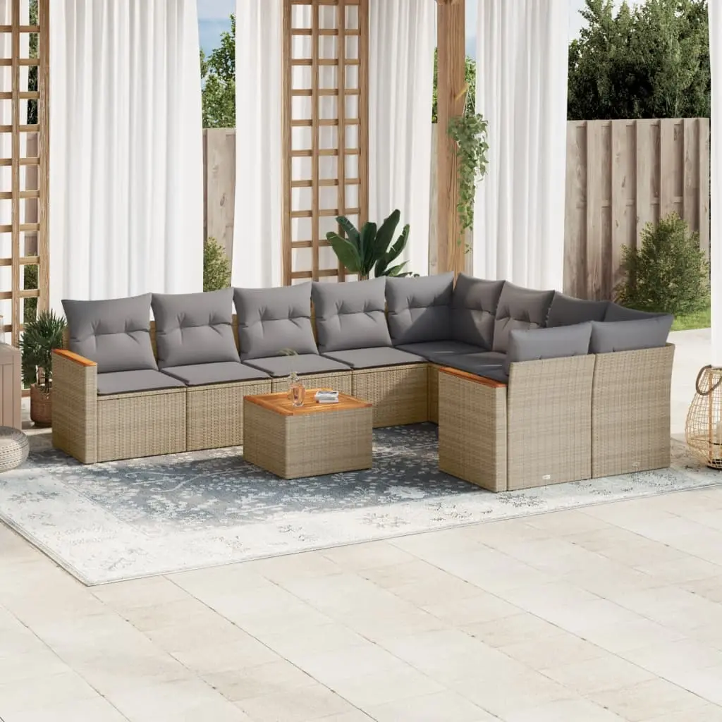 Set Divano da Giardino 10 pz con Cuscini Beige in Polyrattan