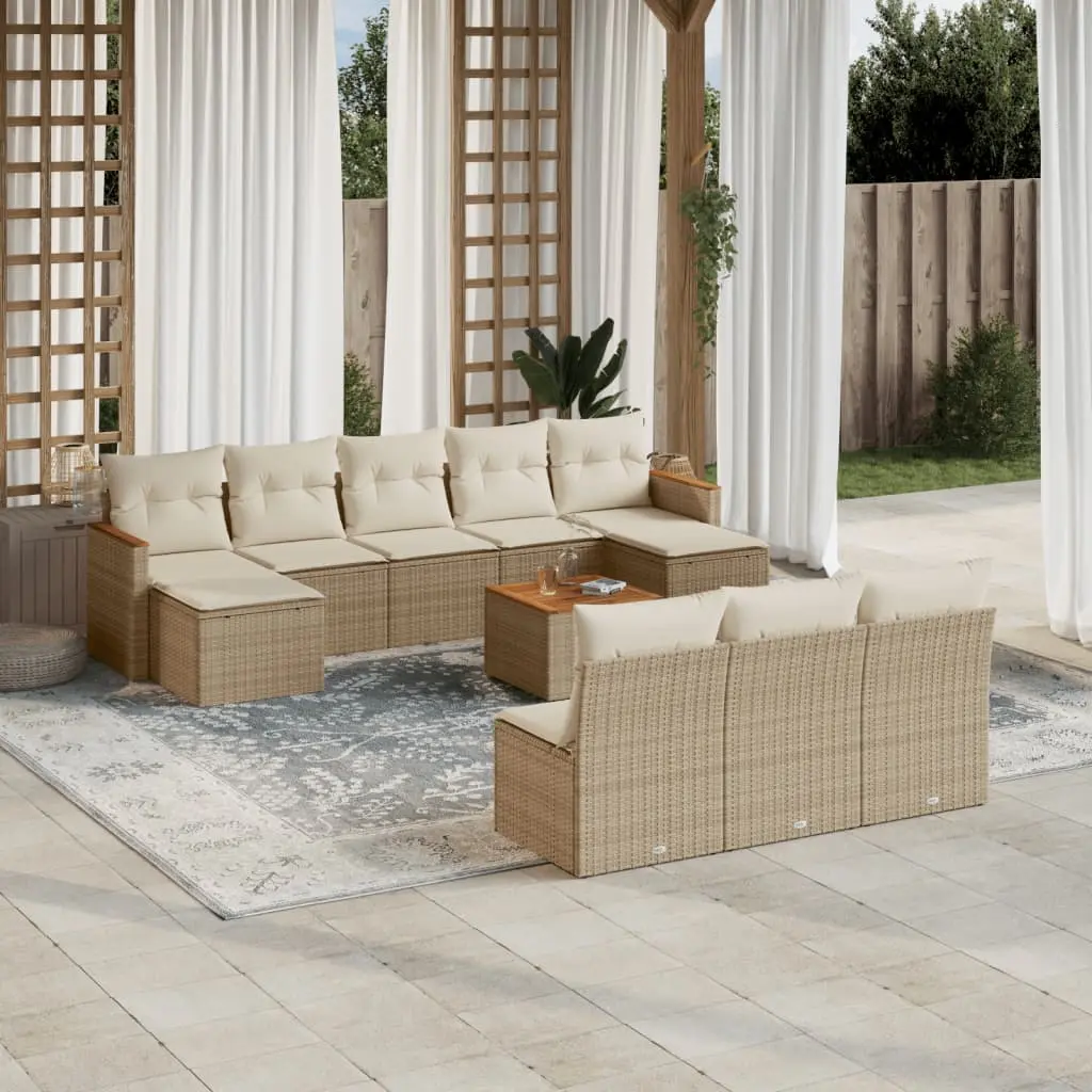 Set Divani da Giardino 11 pz con Cuscini Beige in Polyrattan