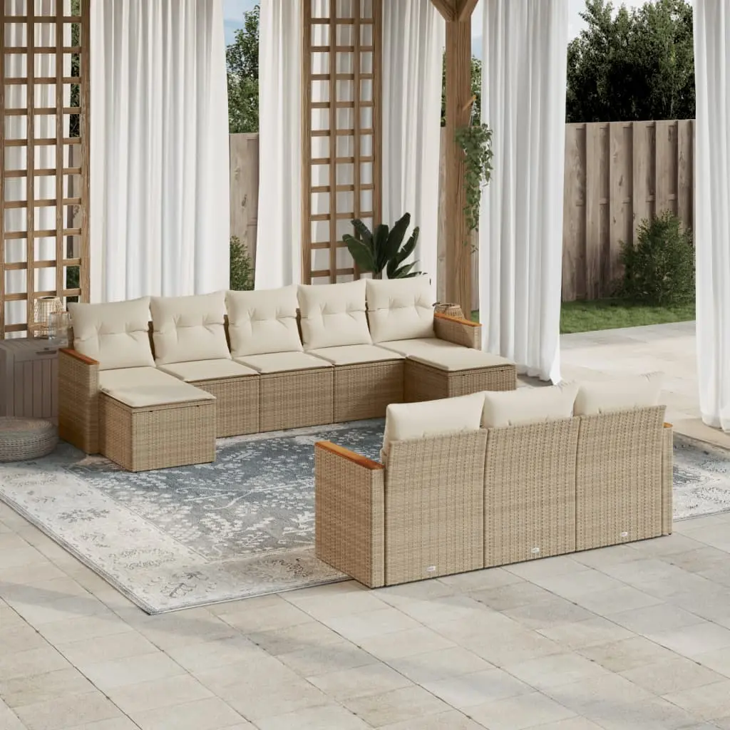 Set Divano da Giardino 10 pz con Cuscini Beige in Polyrattan