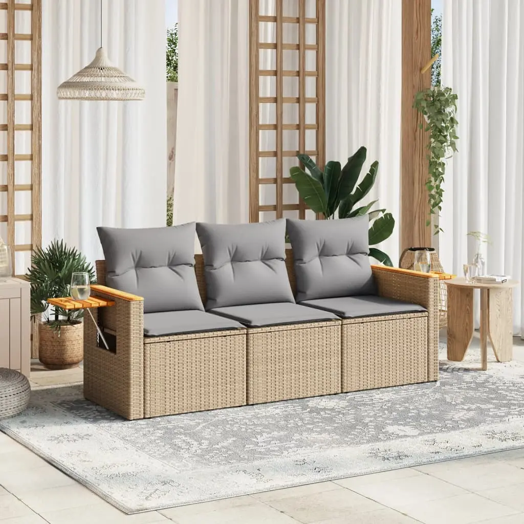 Set Divano da Giardino 3 pz con Cuscini Beige in Polyrattan