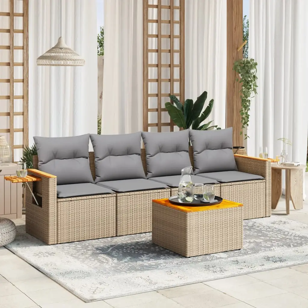 Set Divano da Giardino 5 pz con Cuscini Beige in Polyrattan