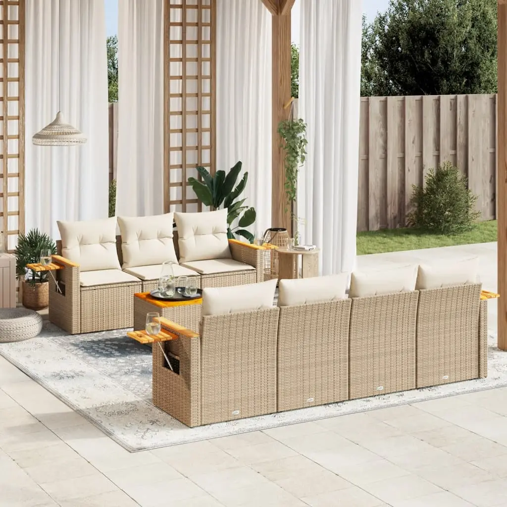 Set Divano da Giardino 8 pz con Cuscini Beige in Polyrattan