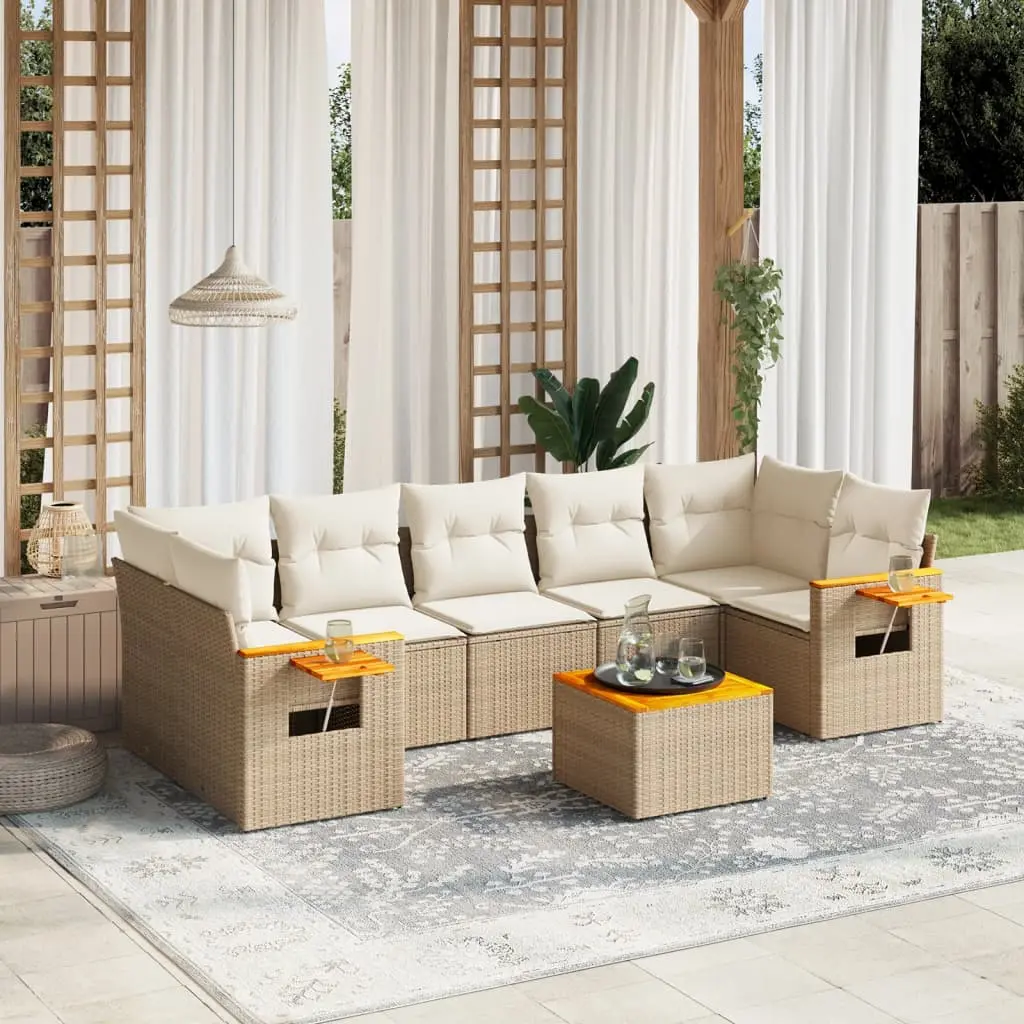 Set Divano da Giardino 8 pz con Cuscini Beige in Polyrattan