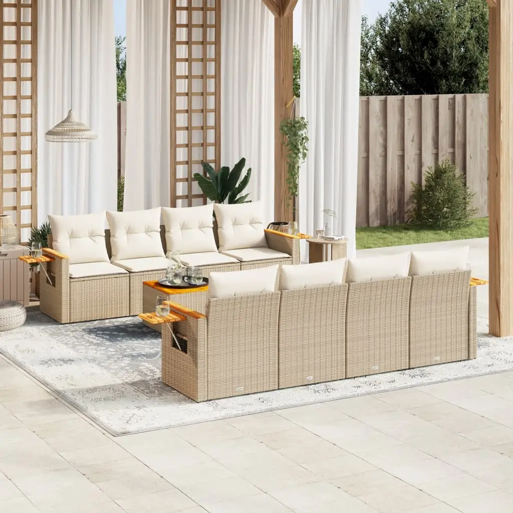 Set Divano da Giardino 9 pz con Cuscini Beige in Polyrattan