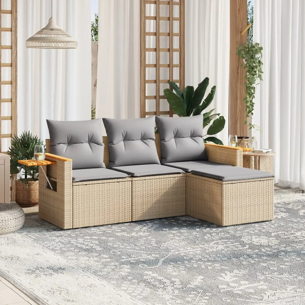 Set Divano da Giardino 4 pz con Cuscini Beige in Polyrattan