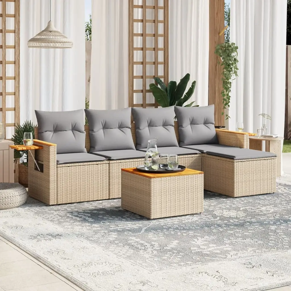 Set Divano da Giardino 6 pz con Cuscini Beige in Polyrattan