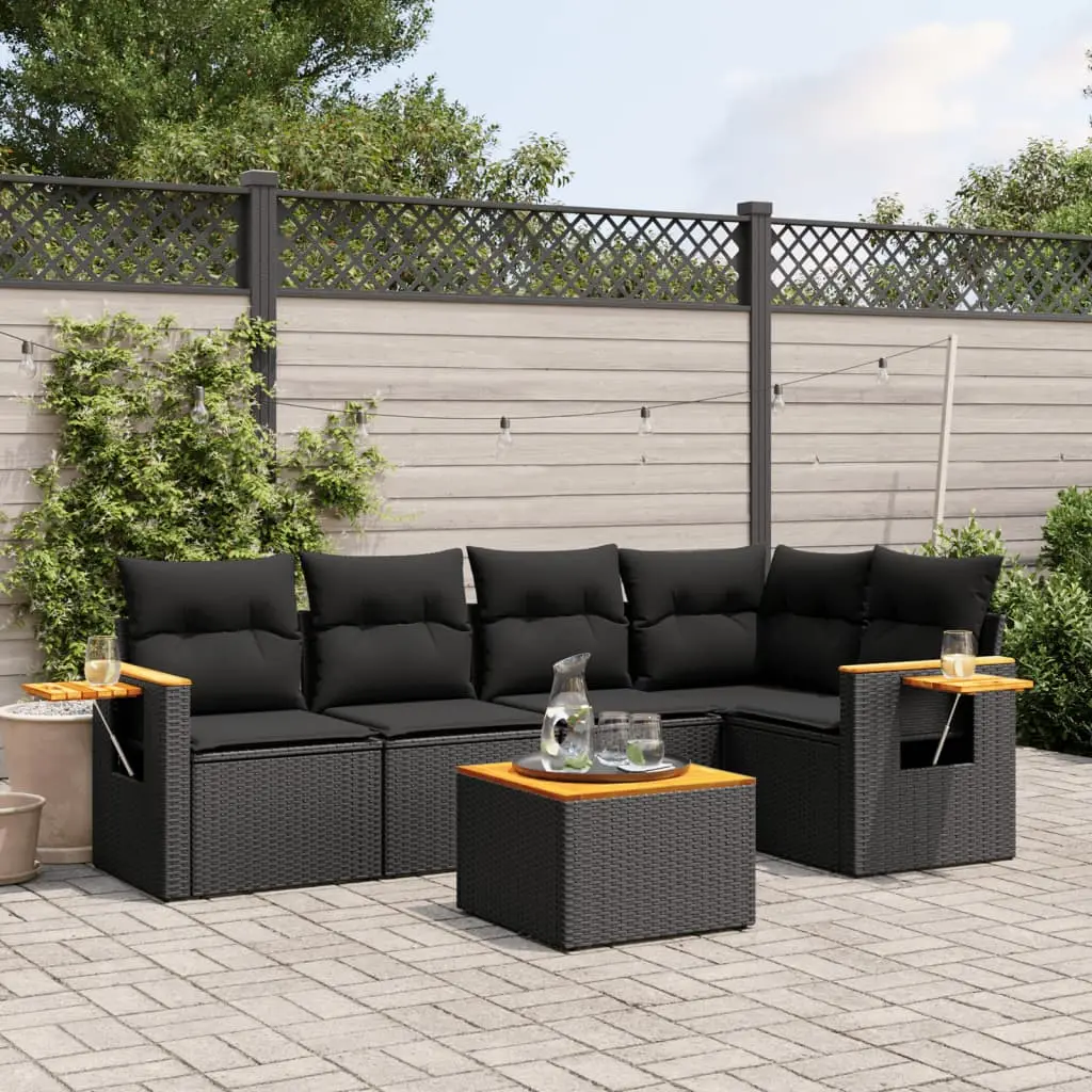 Set Divano da Giardino 6 pz con Cuscini Nero in Polyrattan