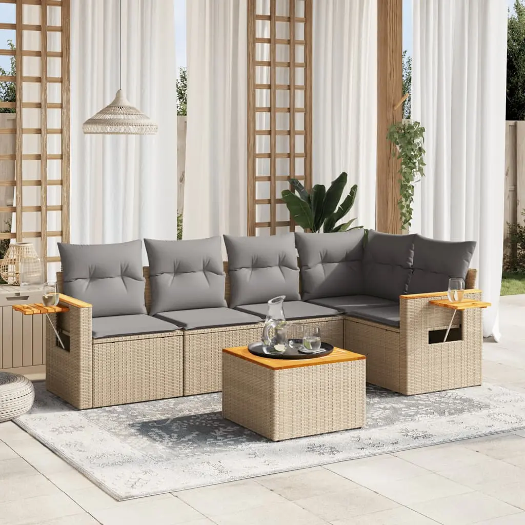 Set Divano da Giardino 6 pz con Cuscini Beige in Polyrattan