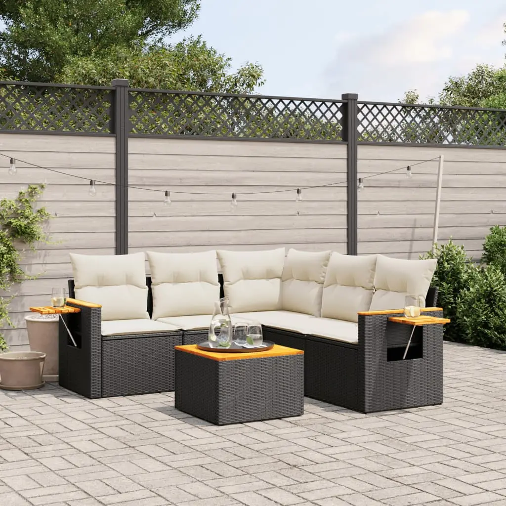 Set Divano da Giardino 6 pz con Cuscini Nero in Polyrattan