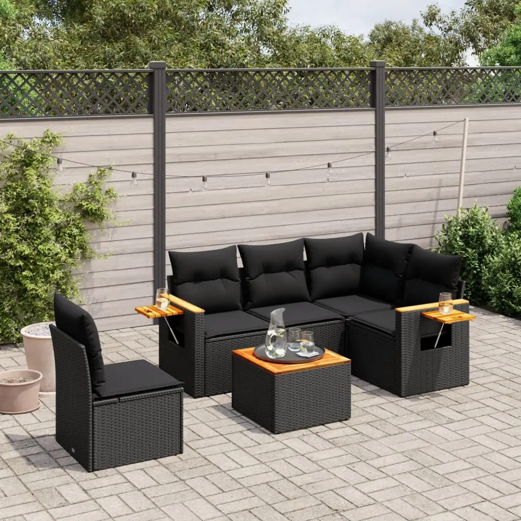 Set Divano da Giardino 6 pz con Cuscini Nero in Polyrattan