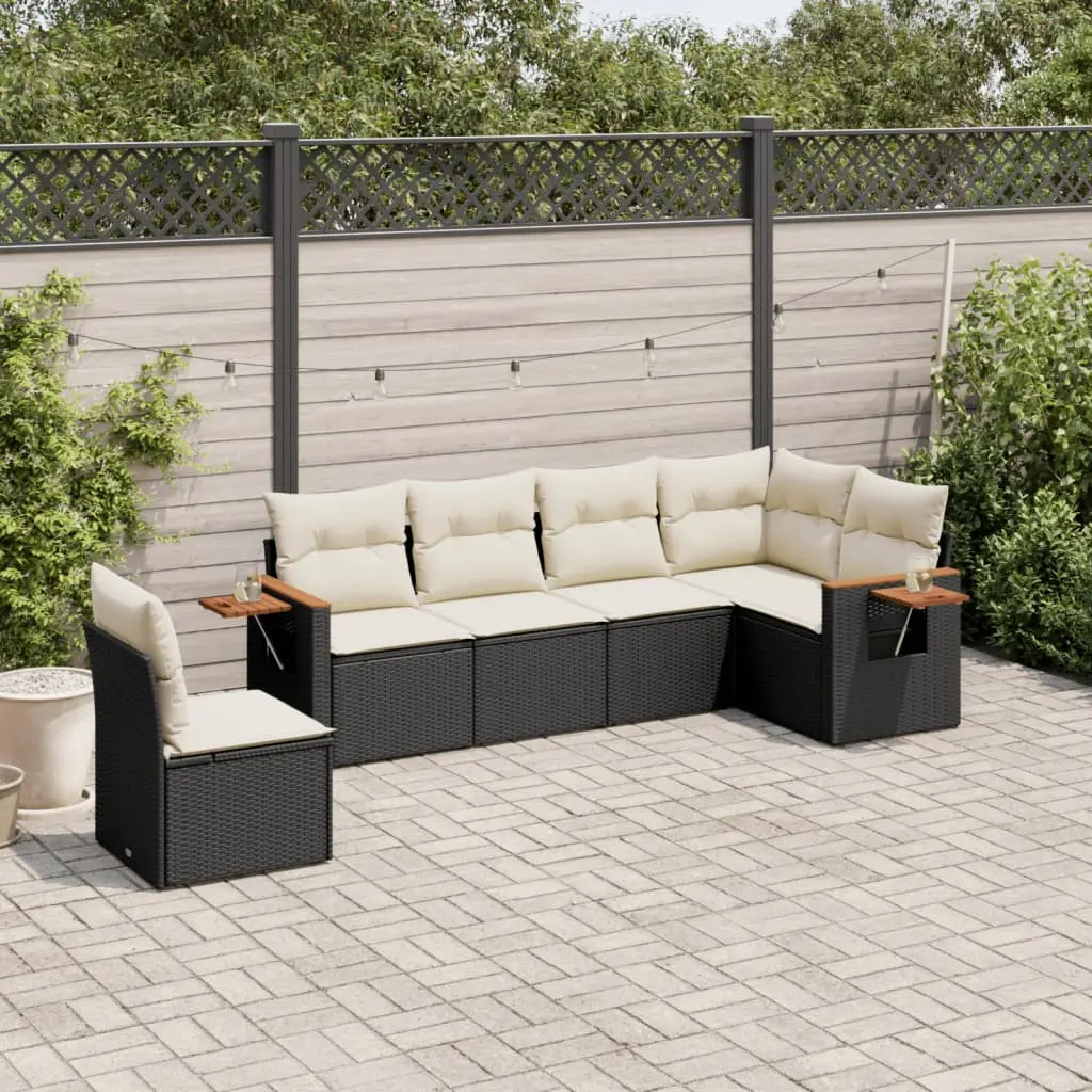 Set Divano da Giardino 6 pz con Cuscini Nero in Polyrattan