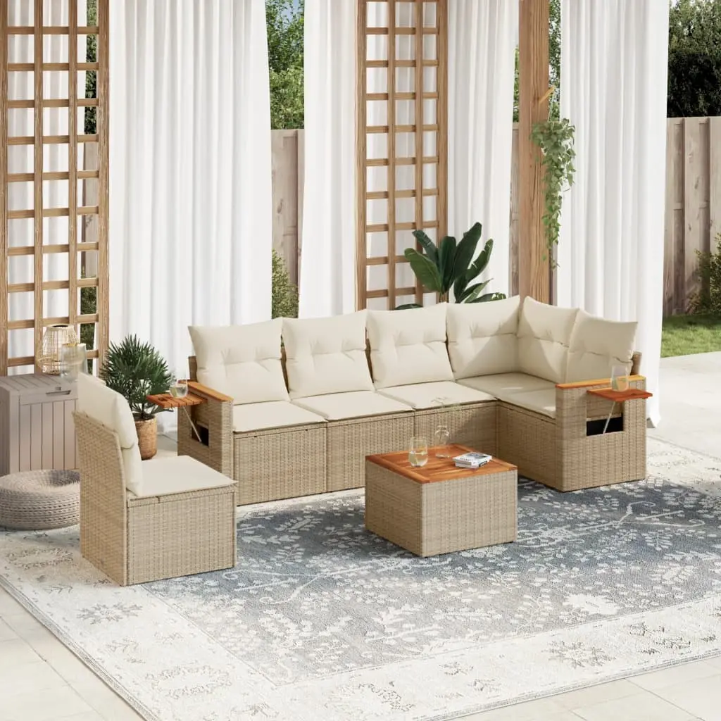 Set Divani da Giardino 7 pz con Cuscini Beige in Polyrattan