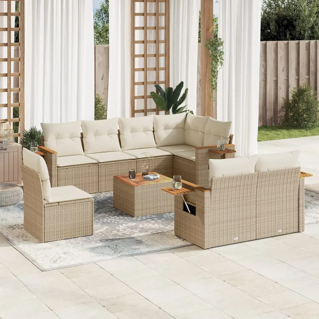 Set Divano da Giardino 9 pz con Cuscini Beige in Polyrattan