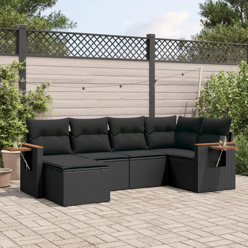 Set Divano da Giardino 6 pz con Cuscini Nero in Polyrattan