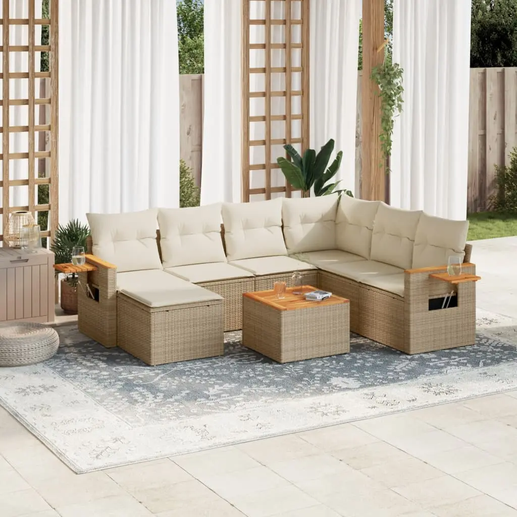 Set Divano da Giardino 8 pz con Cuscini Beige in Polyrattan