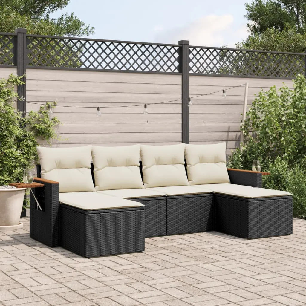 Set Divano da Giardino 6 pz con Cuscini Nero in Polyrattan