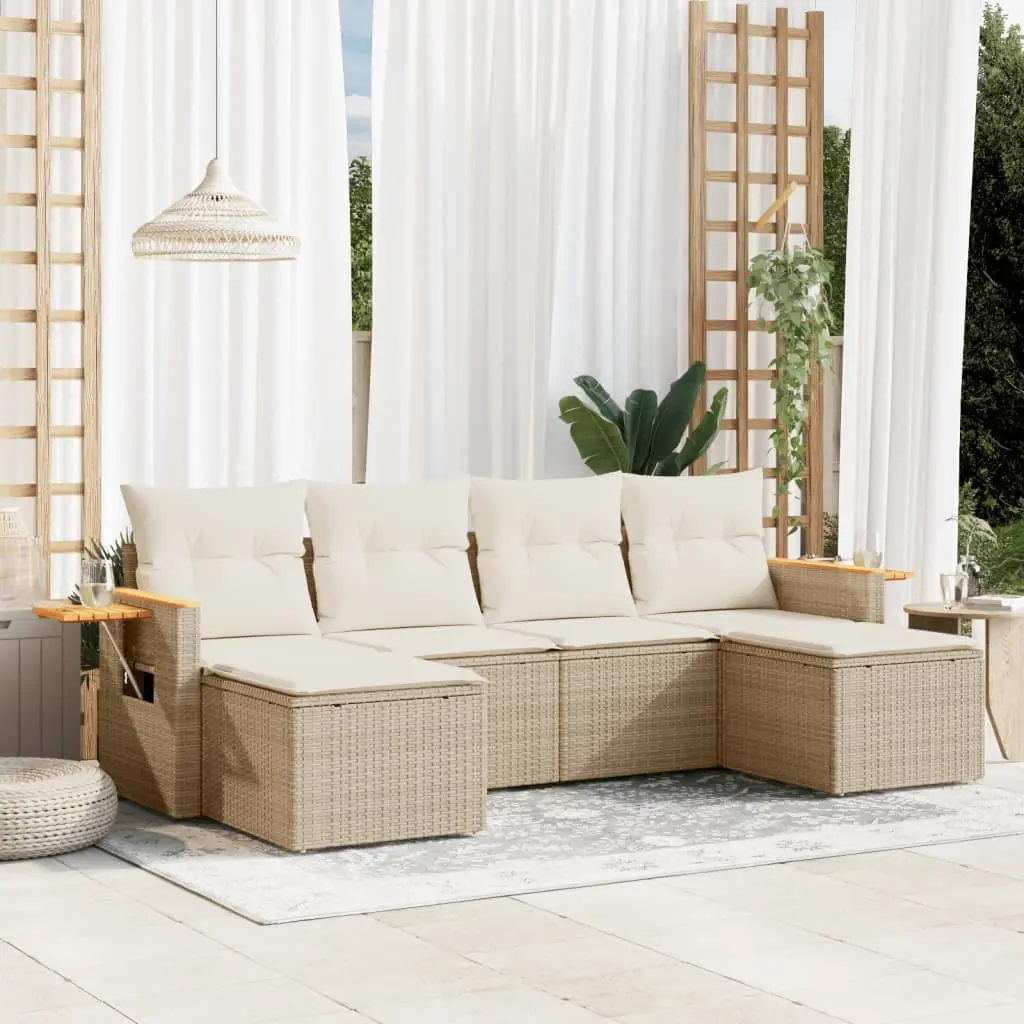 Set Divano da Giardino 6 pz con Cuscini Beige in Polyrattan