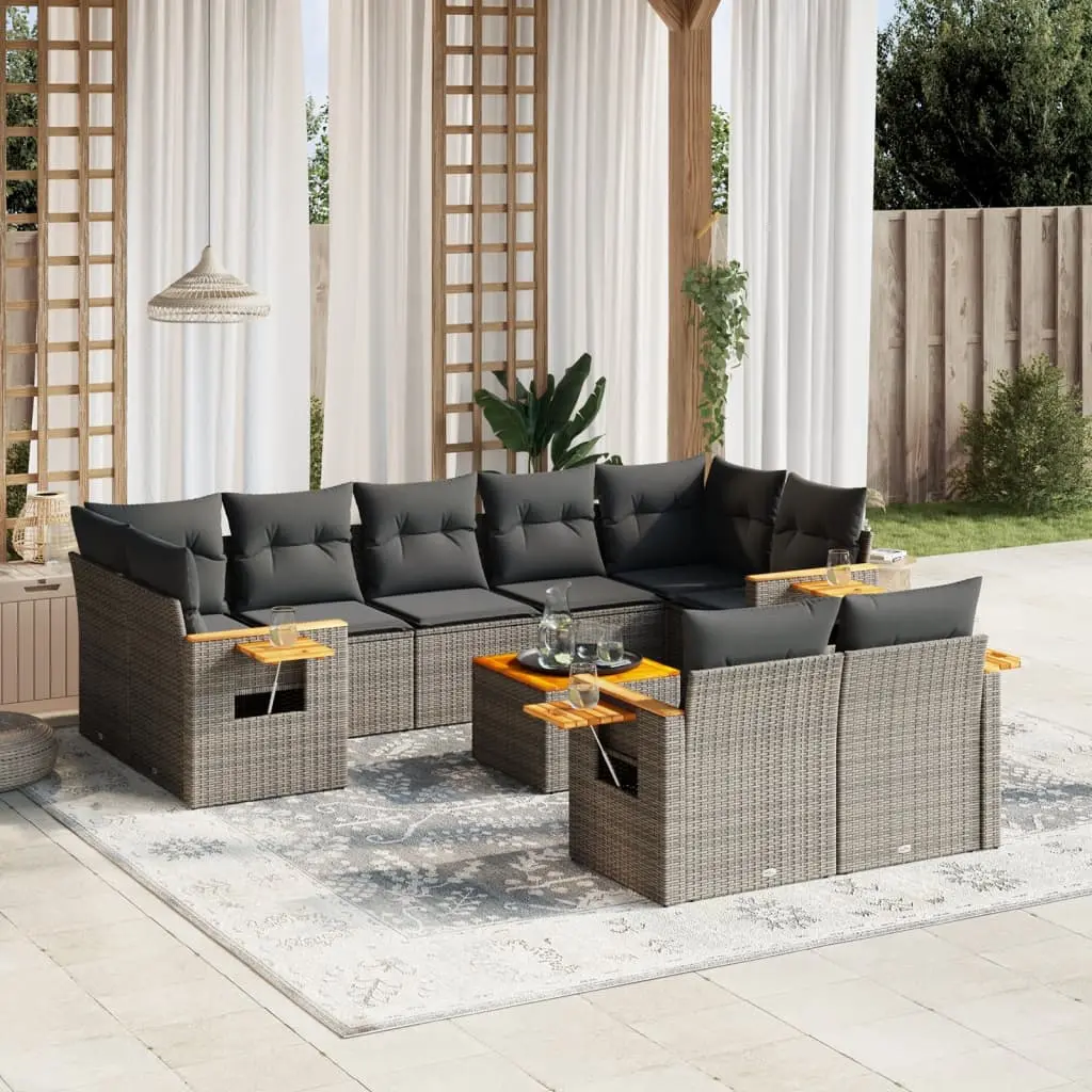 Set Divano da Giardino 10 pz con Cuscini Grigio in Polyrattan